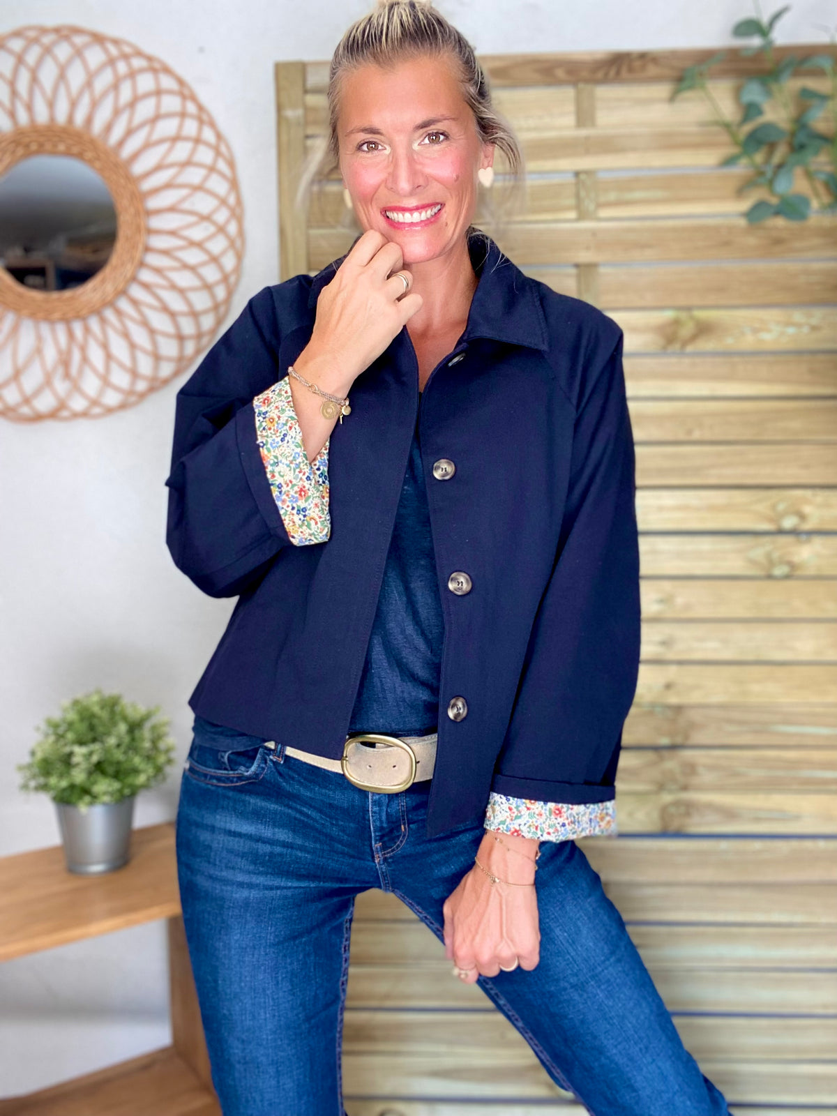 Veste Trench en coton bleu marine avec Liberty - MAHAUT- LILI et LALA
