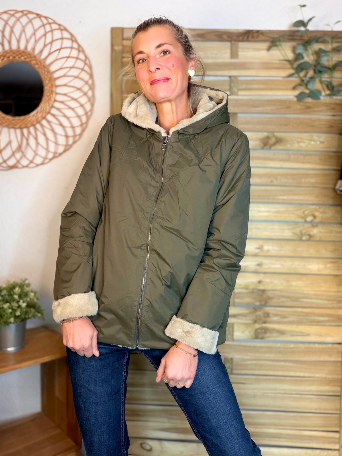 LAURA JO - Parka Imperméable réversible fourrée Kaki / Beige ALIX Court
