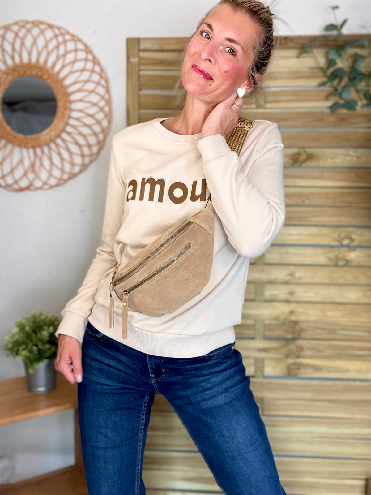 Sweat amour en coton GABRIELLE - Beige et Taupe - FIN DE SÉRIE