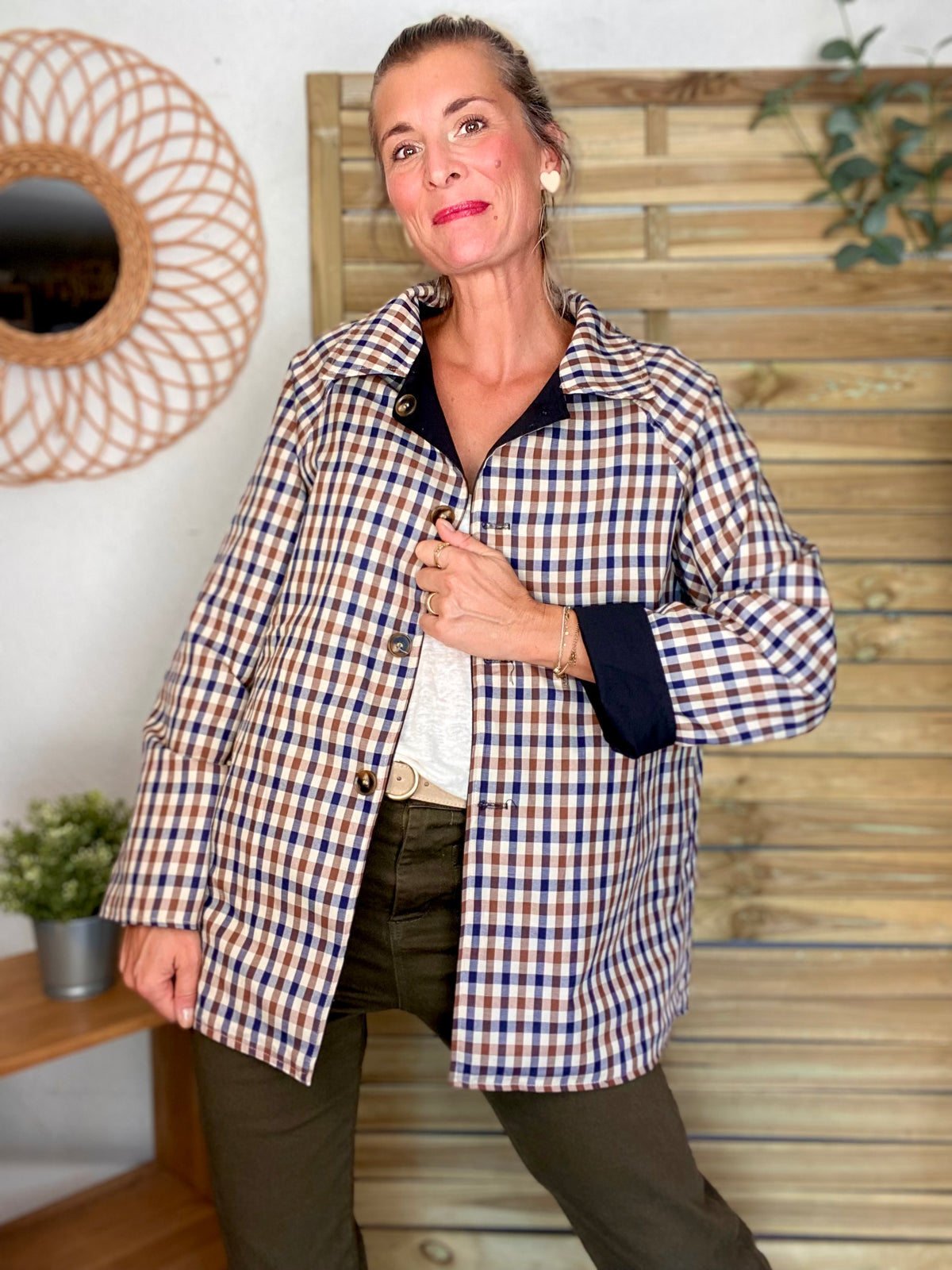 Veste Trench mi long réversible vichy LENA Noir - FIN DE SÉRIE