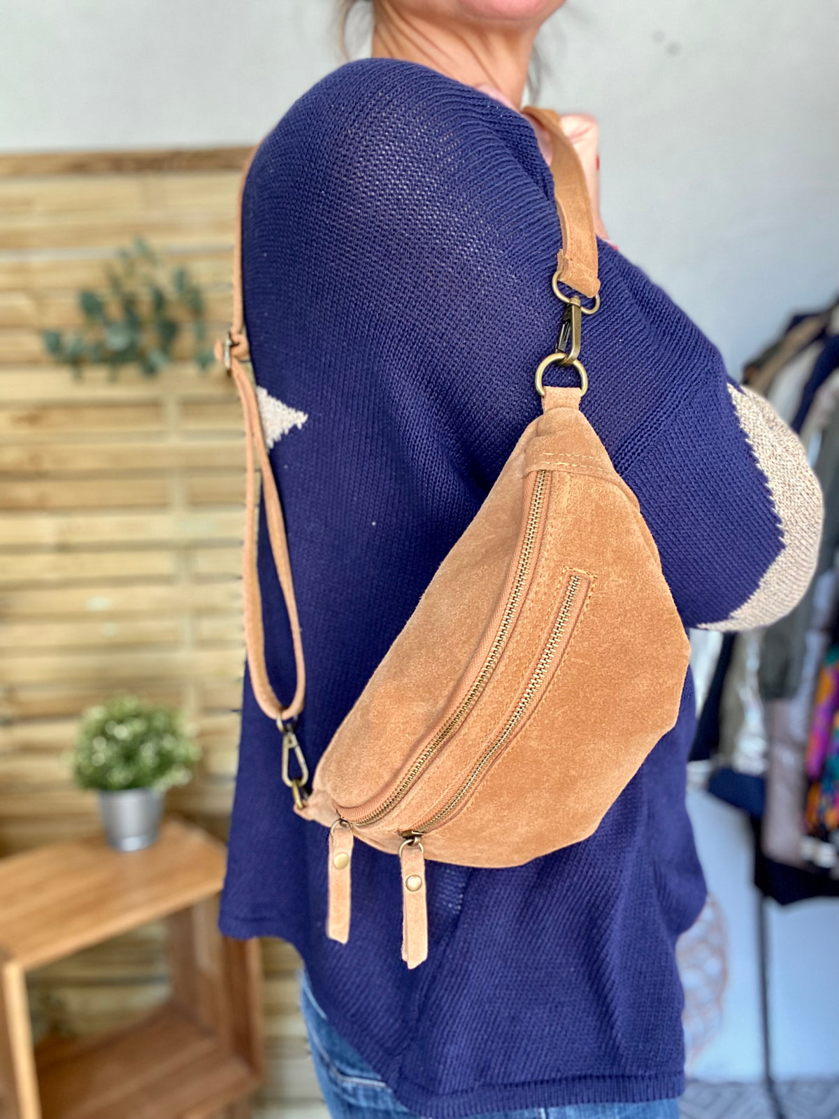 Sac banane double poche en cuir daim - OPALINE - Camel