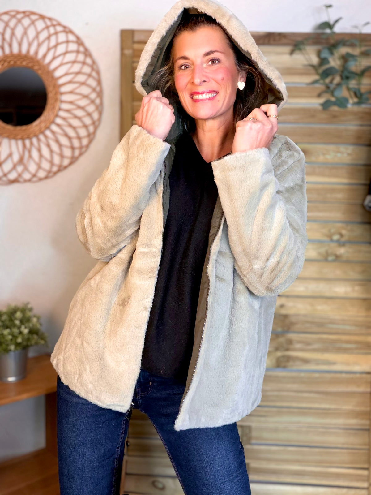 LAURA JO - Parka Imperméable réversible fourrée Kaki / Beige ALIX Court