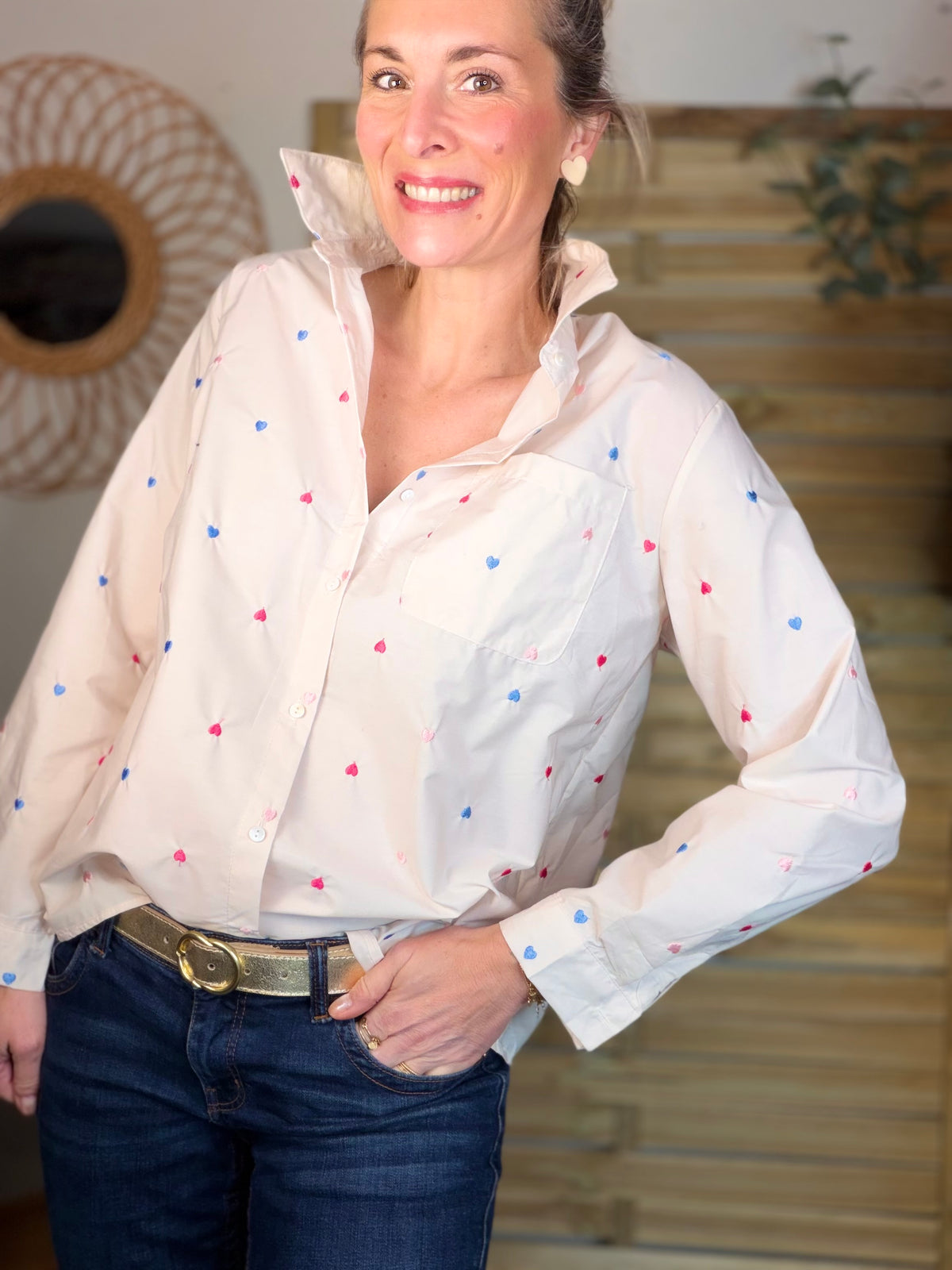 Chemise en coton beige nude cœurs brodés MYLÈNE 🩷💙❤️ - FIN DE SÉRIE
