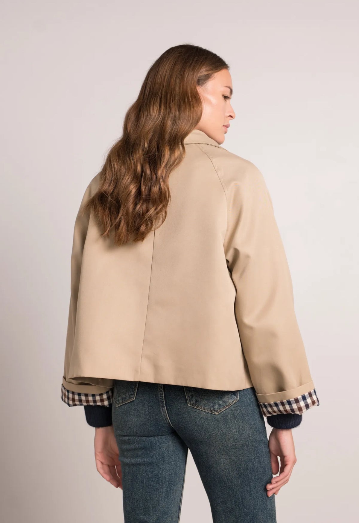 Veste Trench en coton, revers carreaux - YSEULT court Beige