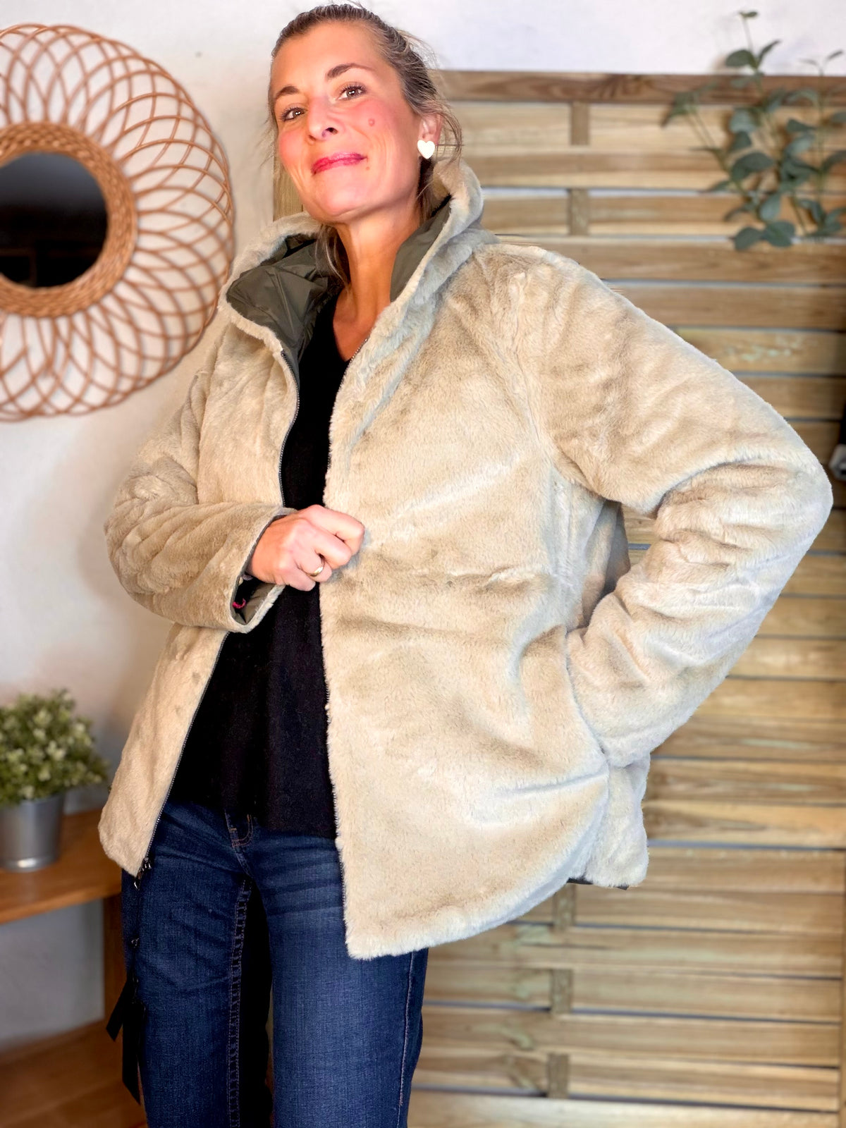 LAURA JO - Parka Imperméable réversible fourrée Kaki / Beige ALIX Court