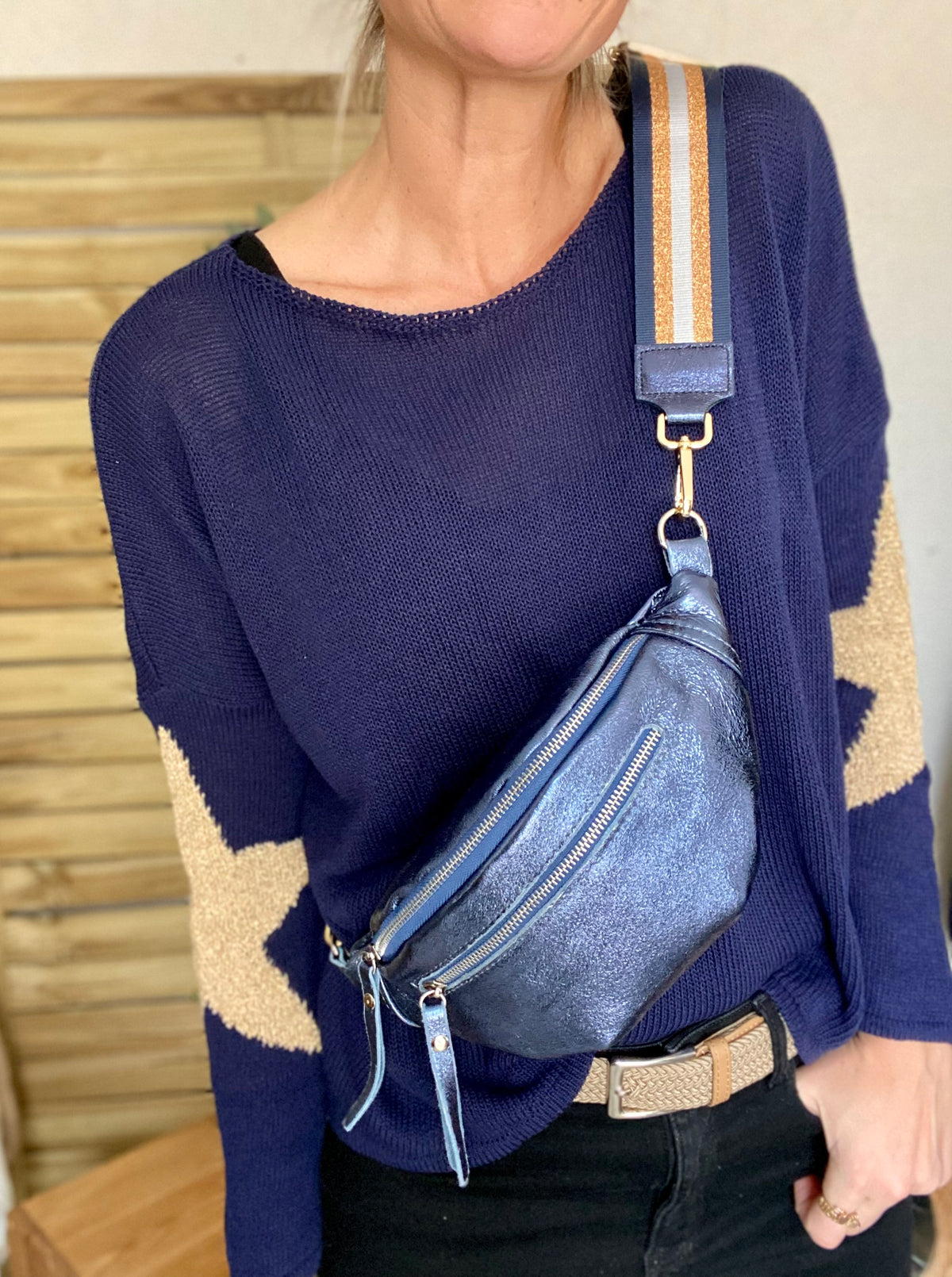 Sangle / Bandoulière rayée avec empiècement cuir irisé - RUBY - FIN DE SÉRIE