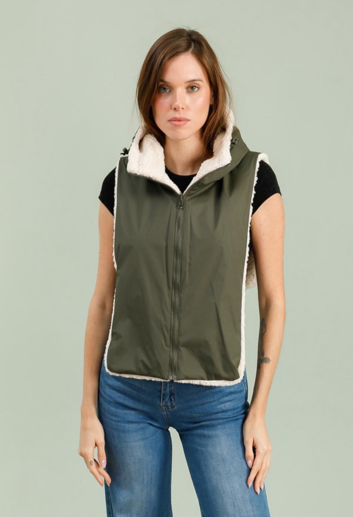 LAURA JO - Col capuche amovible réversible TONY - Kaki / Sherpa écru