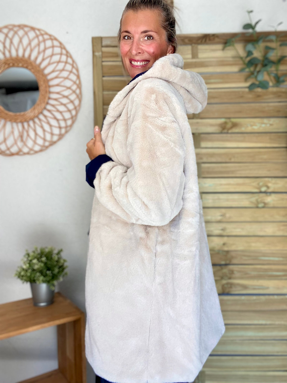 LAURA JO - Parka Imperméable réversible fourrée Bleu marine / Beige ALIX Long