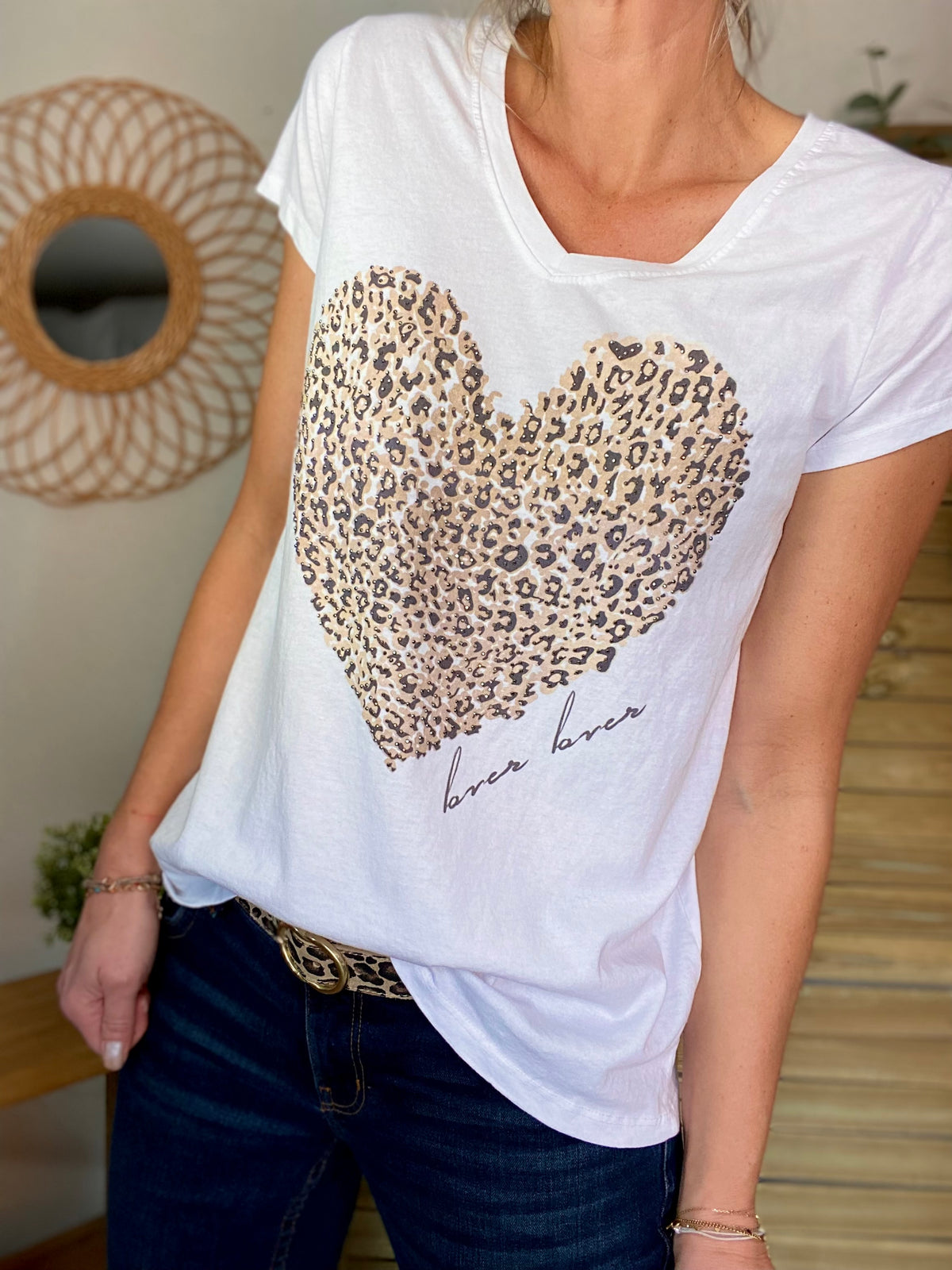 Tee shirt grand coeur léo et strass 💛🐆 THALIA Blanc - FIN DE SÉRIE