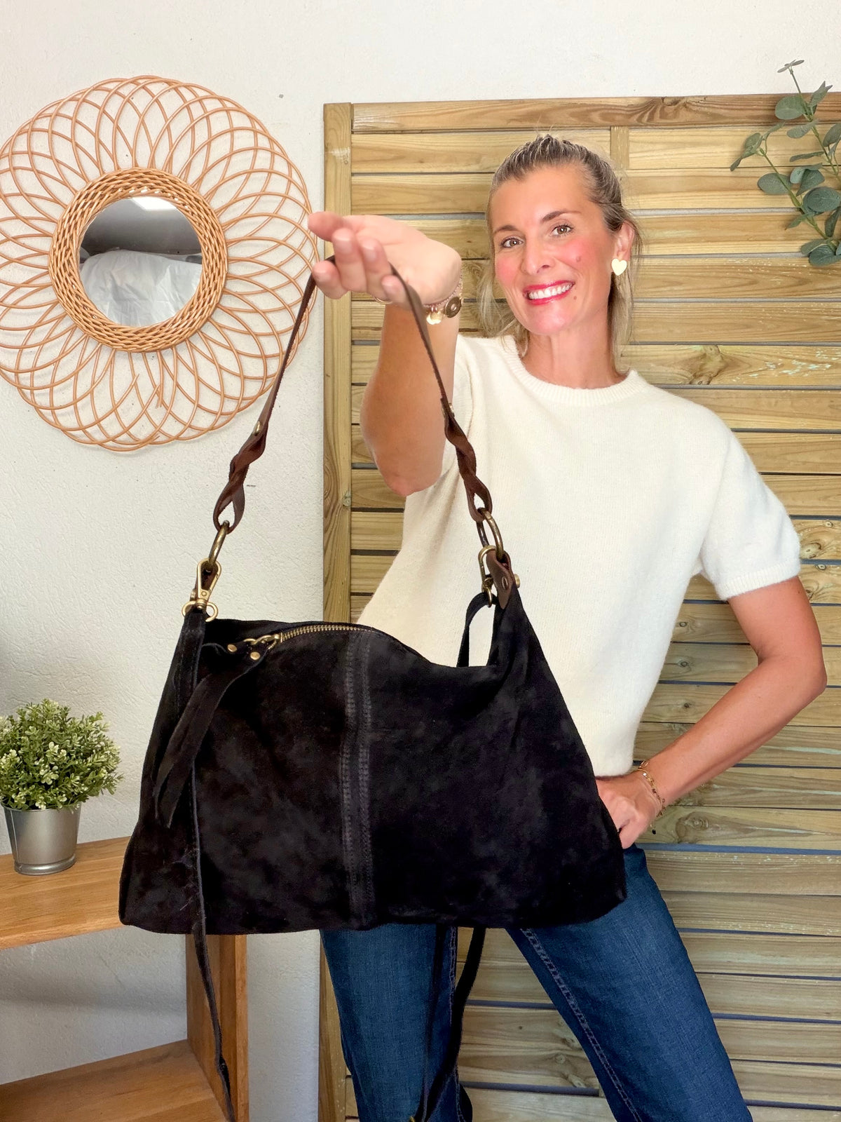 Sac hobo en cuir daim souple, double bandoulière ANDREW Noir