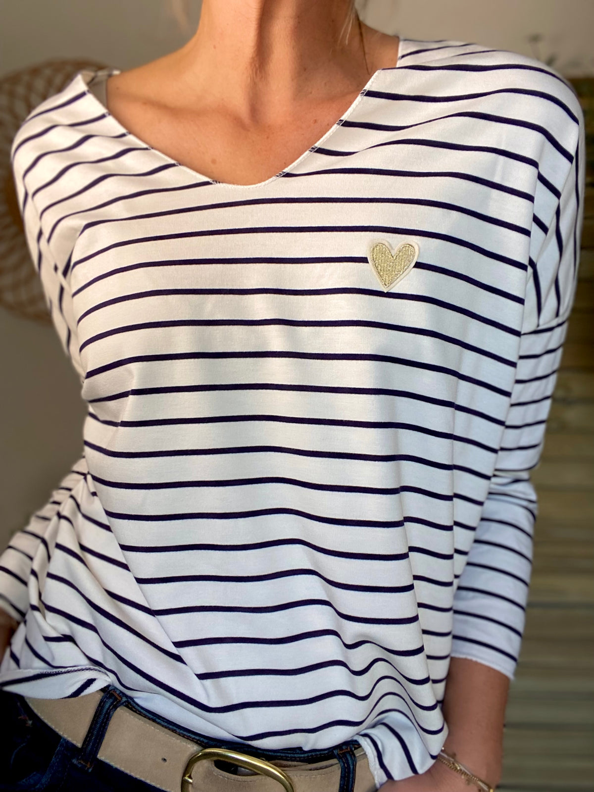 Pull fin rayé col V avec ou sans coeur doré 💛 NOLWENN - Bleu marine