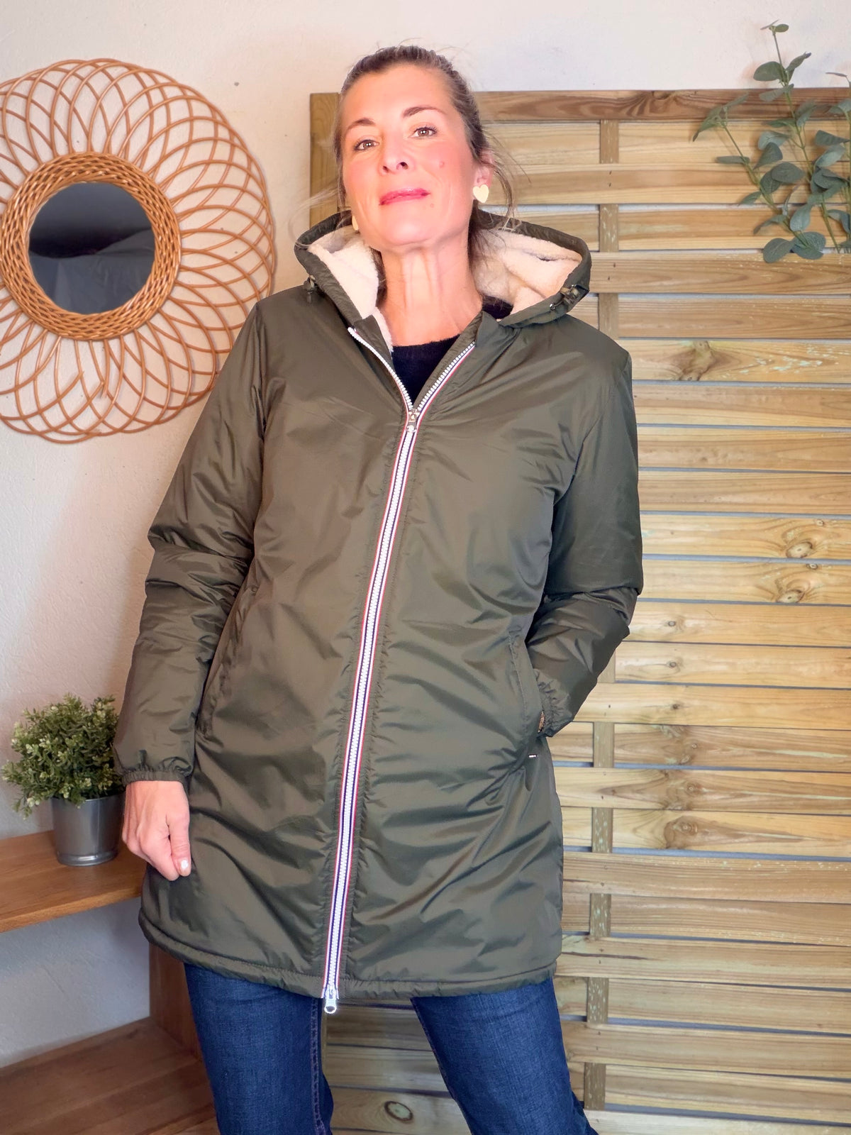 LAURA JO - Parka Imperméable LOUISE LONG Sherpa écru - Kaki • DÉSTOCKAGE sur taille S
