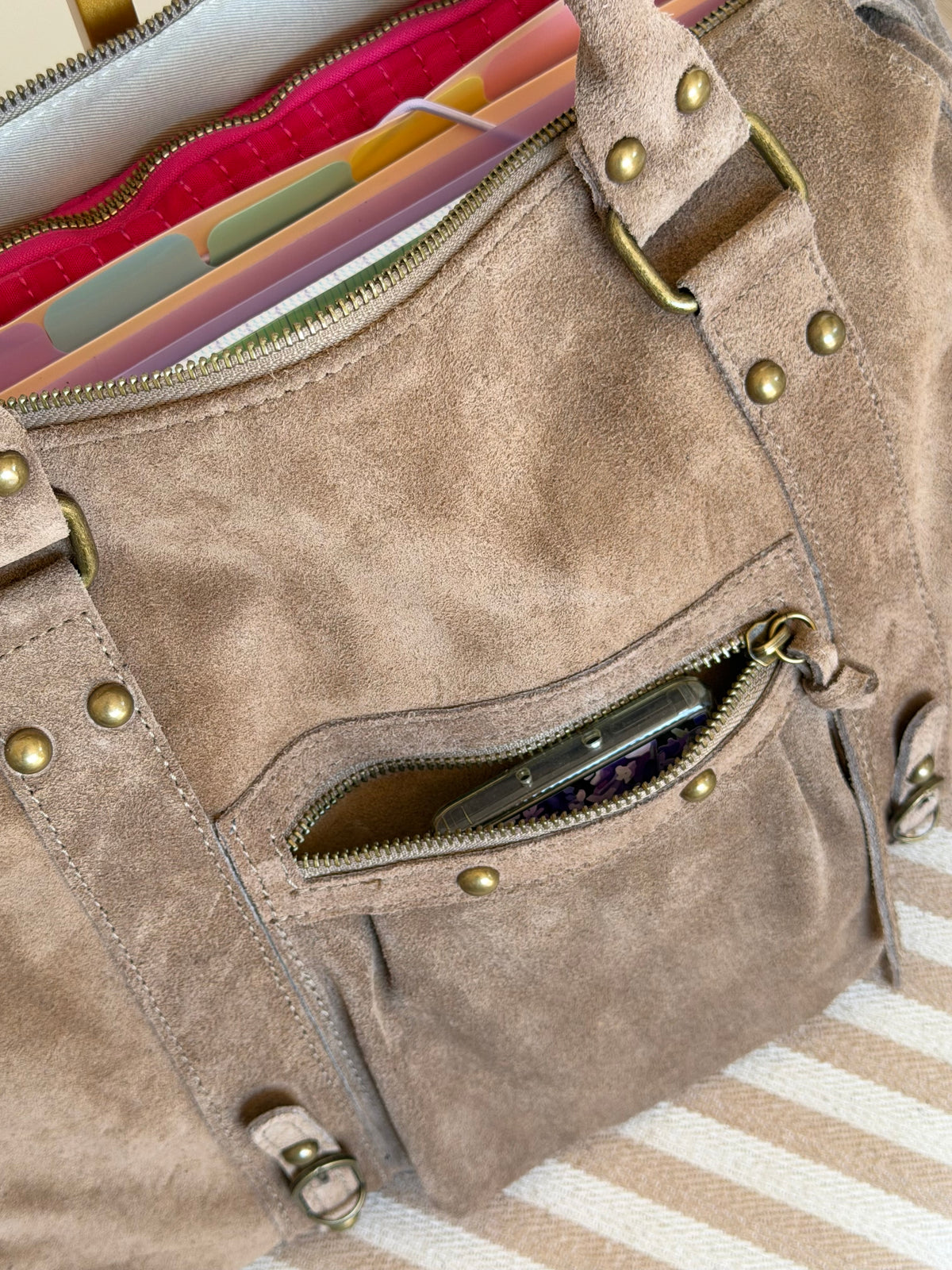 Sac cabas XL en cuir daim • HUNTER Taupe