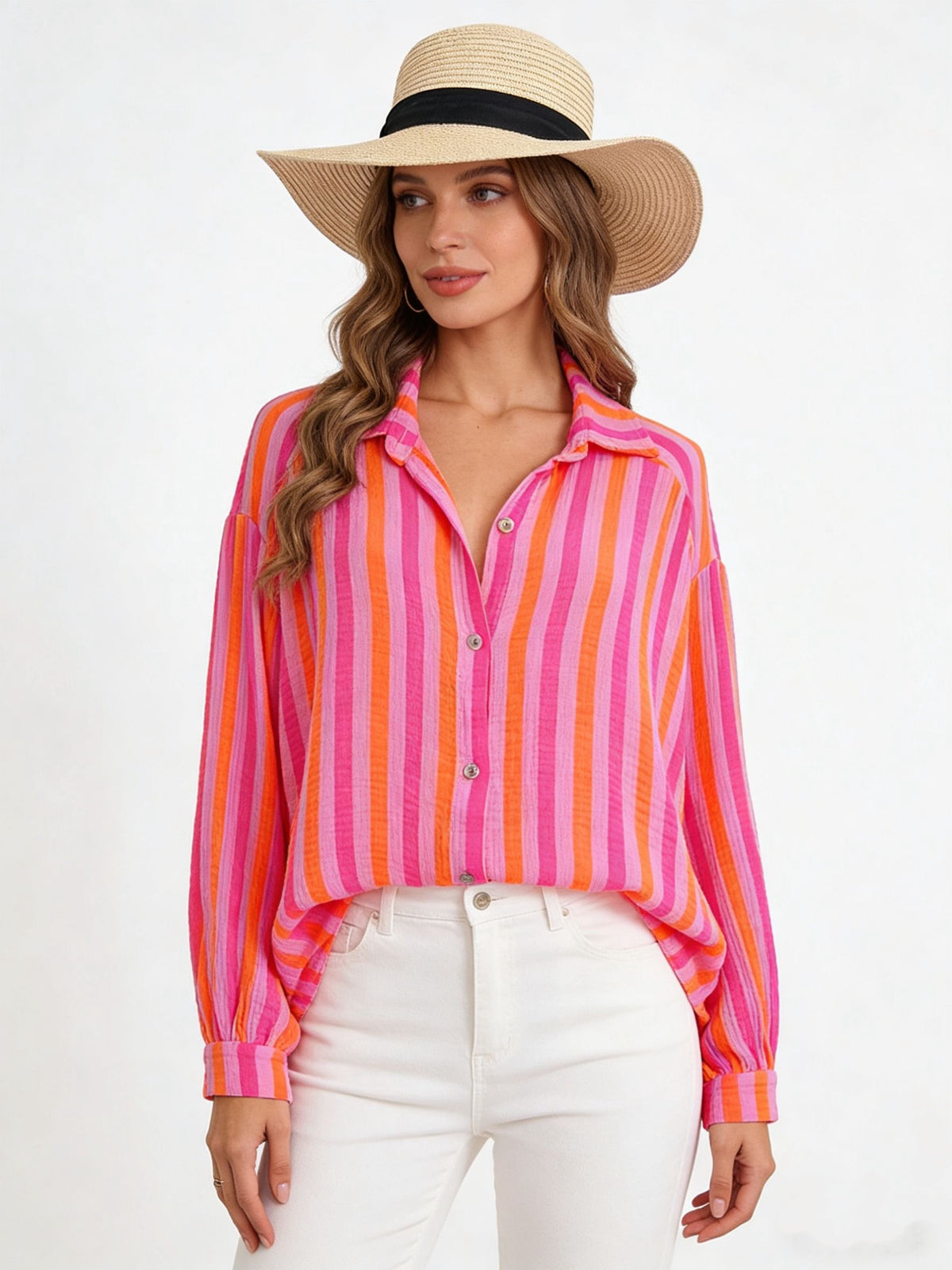 Chemise en gaze de coton rayée FÉLICIE Fluo Parme - DÉSTOCKAGE