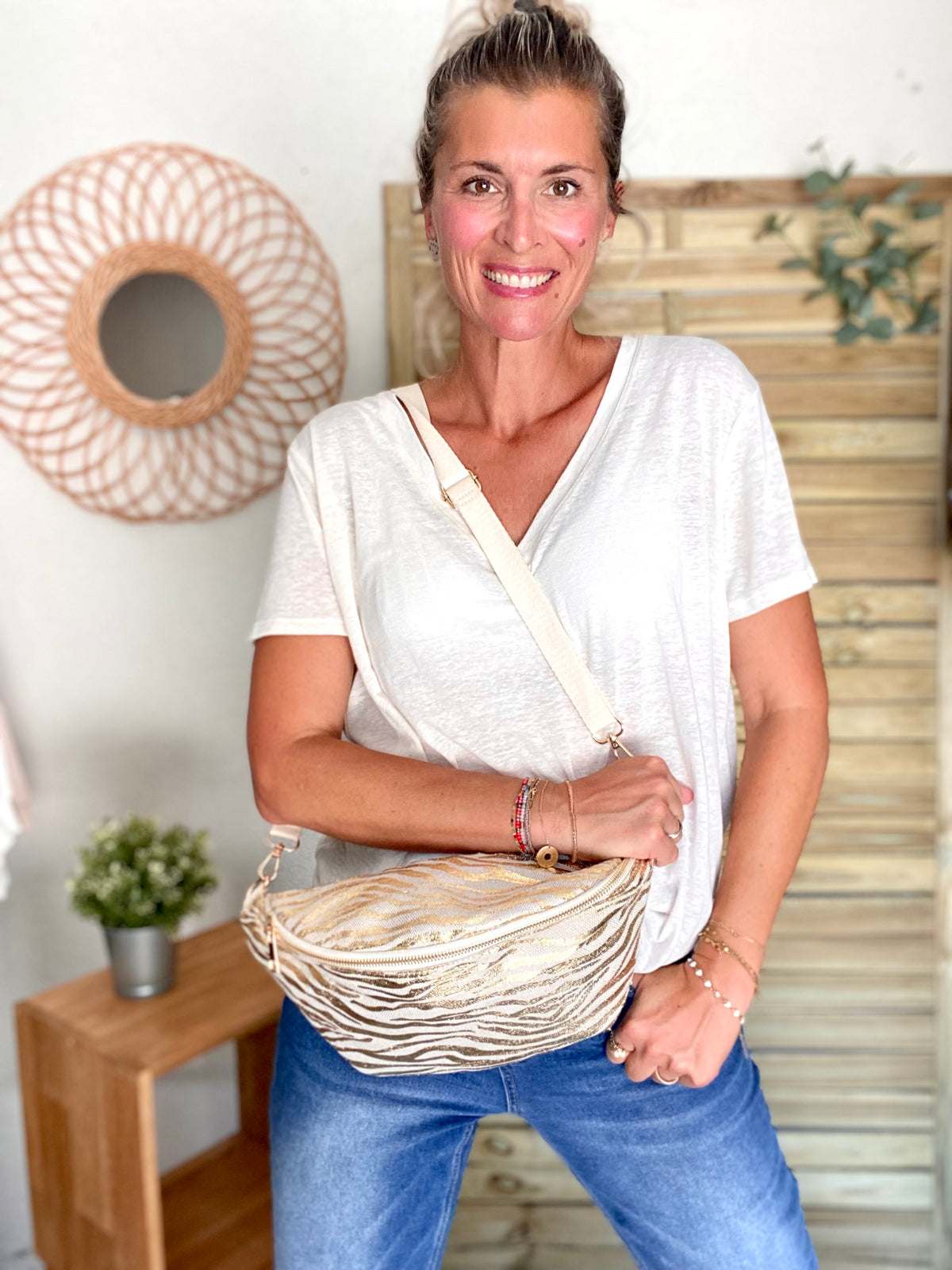 Sac banane XL en toile zebrée doré - KATE