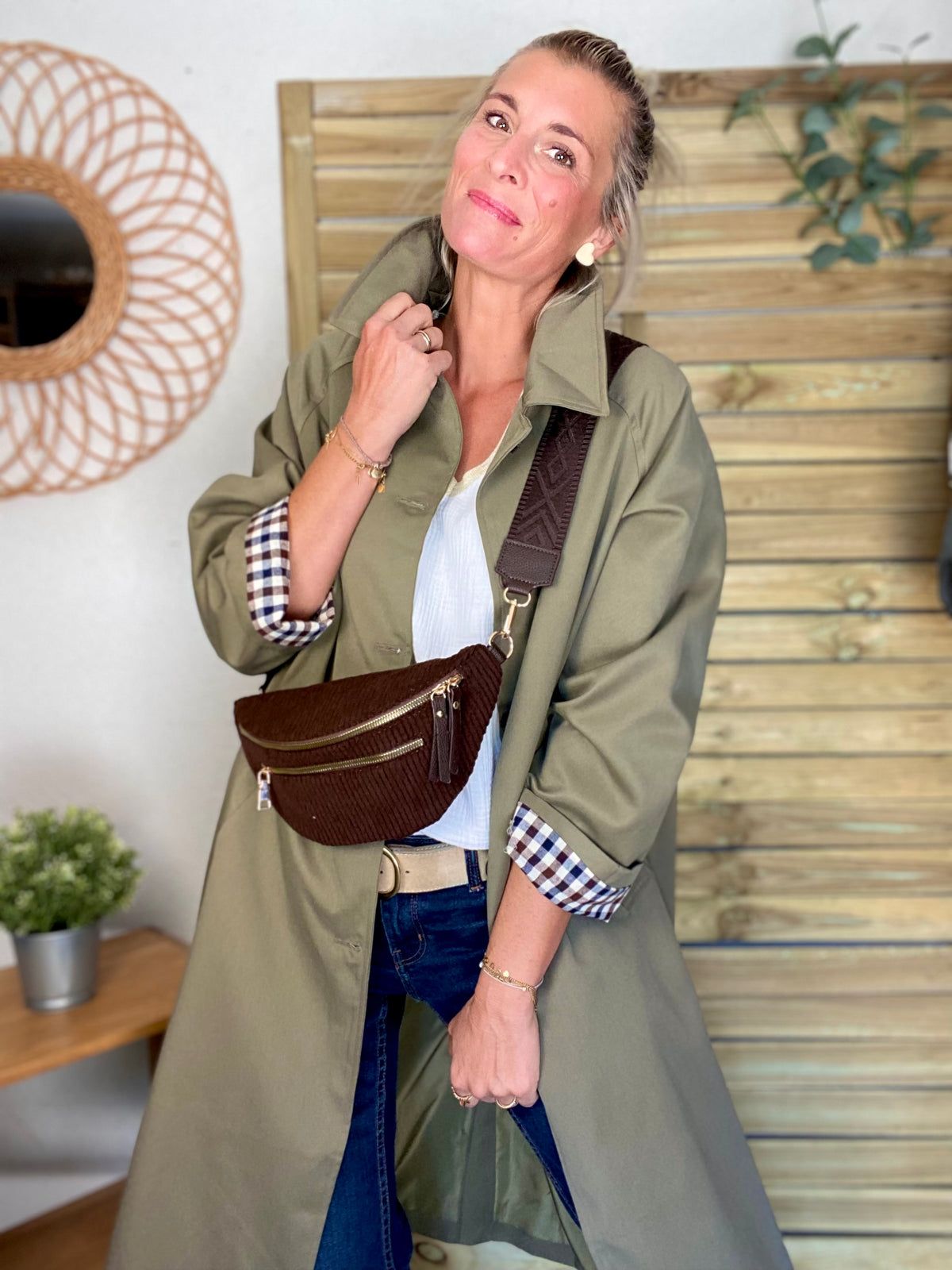 Veste Trench en coton, revers carreaux - YSEULT long Kaki