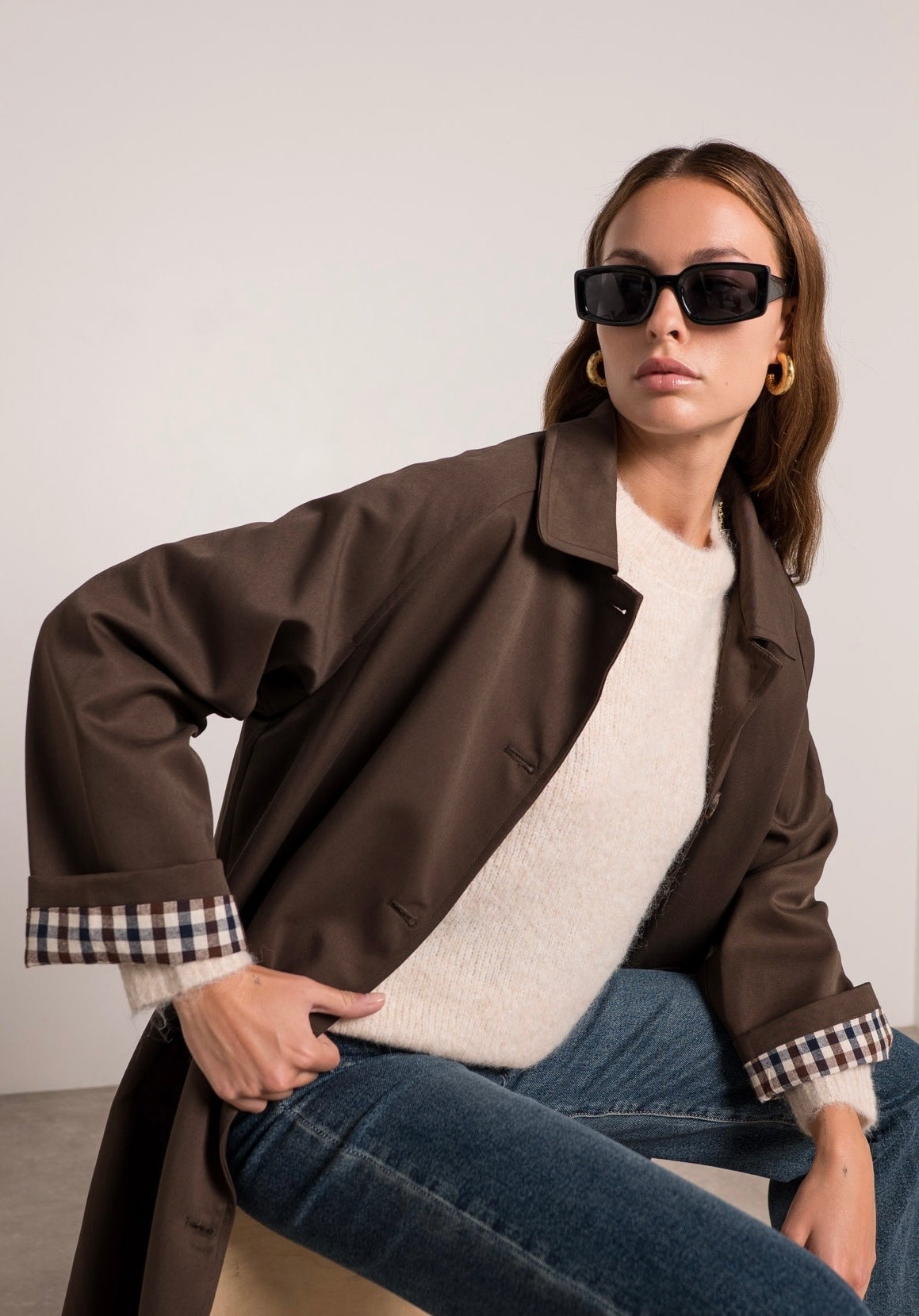 Veste Trench en coton, revers carreaux - YSEULT long Chocolat