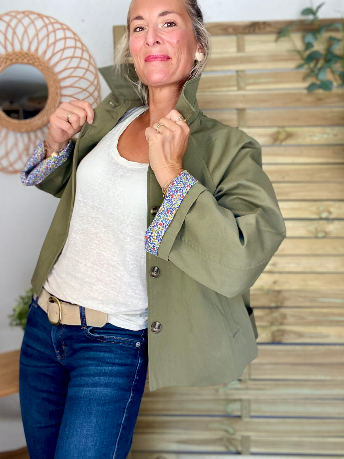 Veste Trench en coton kaki avec Liberty - MAHAUT - LILI et LALA