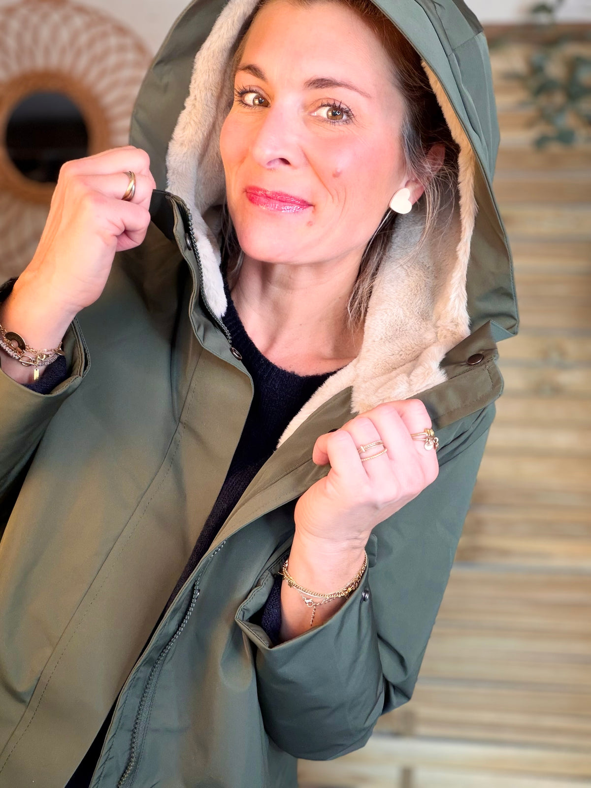 LAURA JO - Parka fourrée imperméable AMBRE LONG - Kaki / Beige