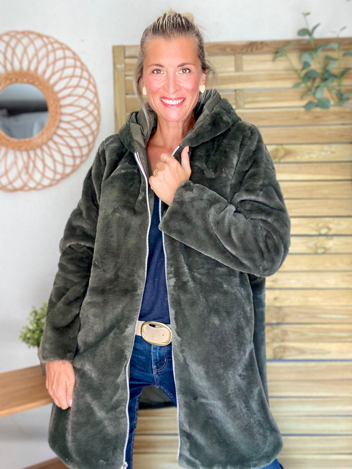 LAURA JO - Parka Imperméable réversible fourrée Kaki / Kaki ALIX Long • DÉSTOCKAGE sur Taille S