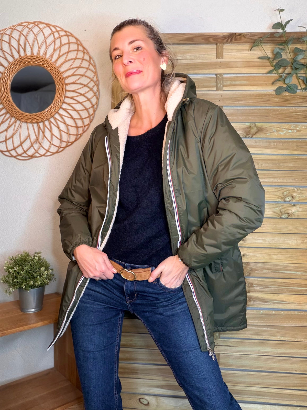 LAURA JO - Parka Imperméable LOUISE LONG Sherpa écru - Kaki • DÉSTOCKAGE sur taille S