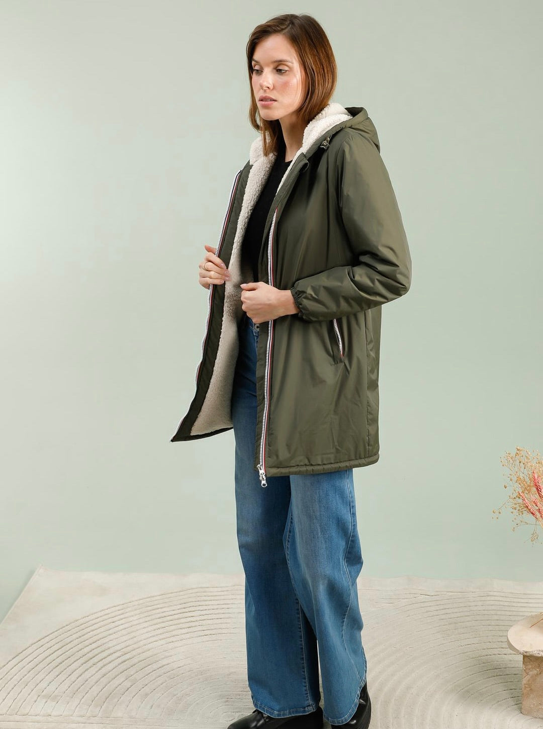 LAURA JO - Parka Imperméable LOUISE LONG Sherpa écru - Kaki • DÉSTOCKAGE sur taille S