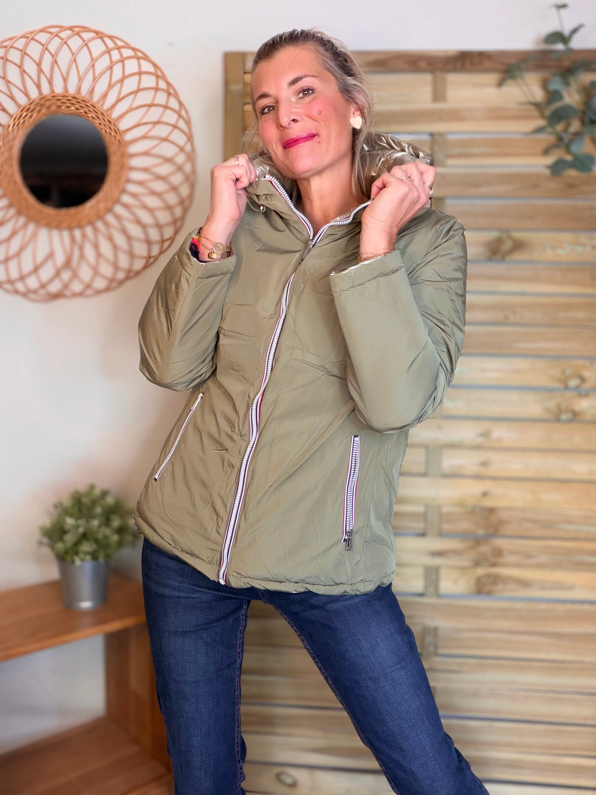 Doudoune imperméable réversible ANGÈLE COURT - Kaki clair - MELYA MELODY (DÉSTOCKAGE sur Taille S)