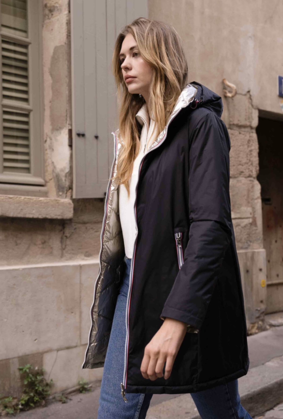 LAURA JO - Doudoune réversible imperméable longue INÈS - Noir / Doré - FIN DE SÉRIE