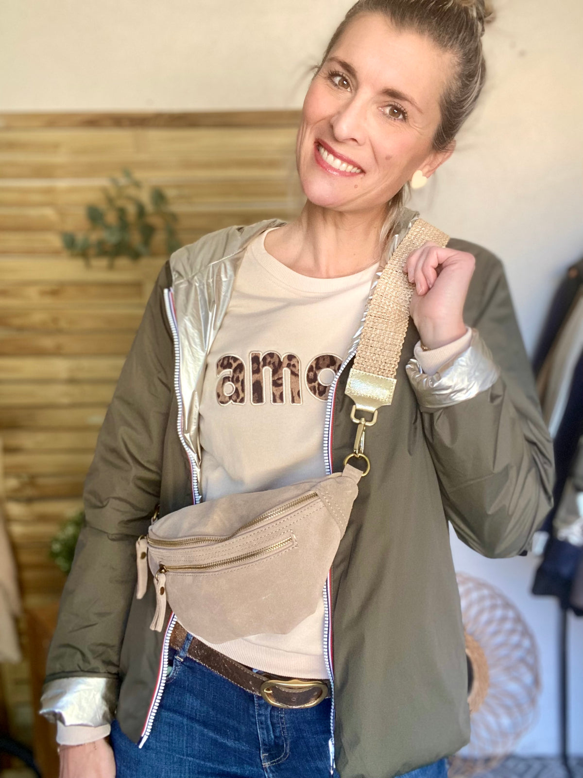 Sac banane double poche en cuir daim - OPALINE - Beige