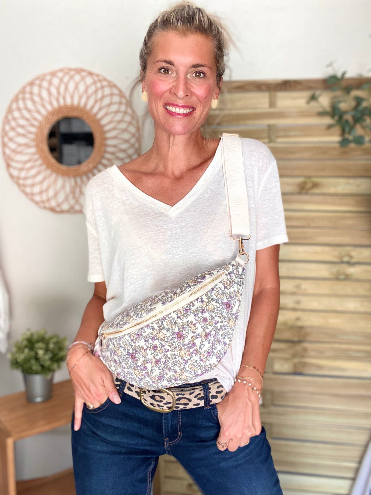 Sac banane XL Ciao Boum - IVY - Fleuri blanc et mauve