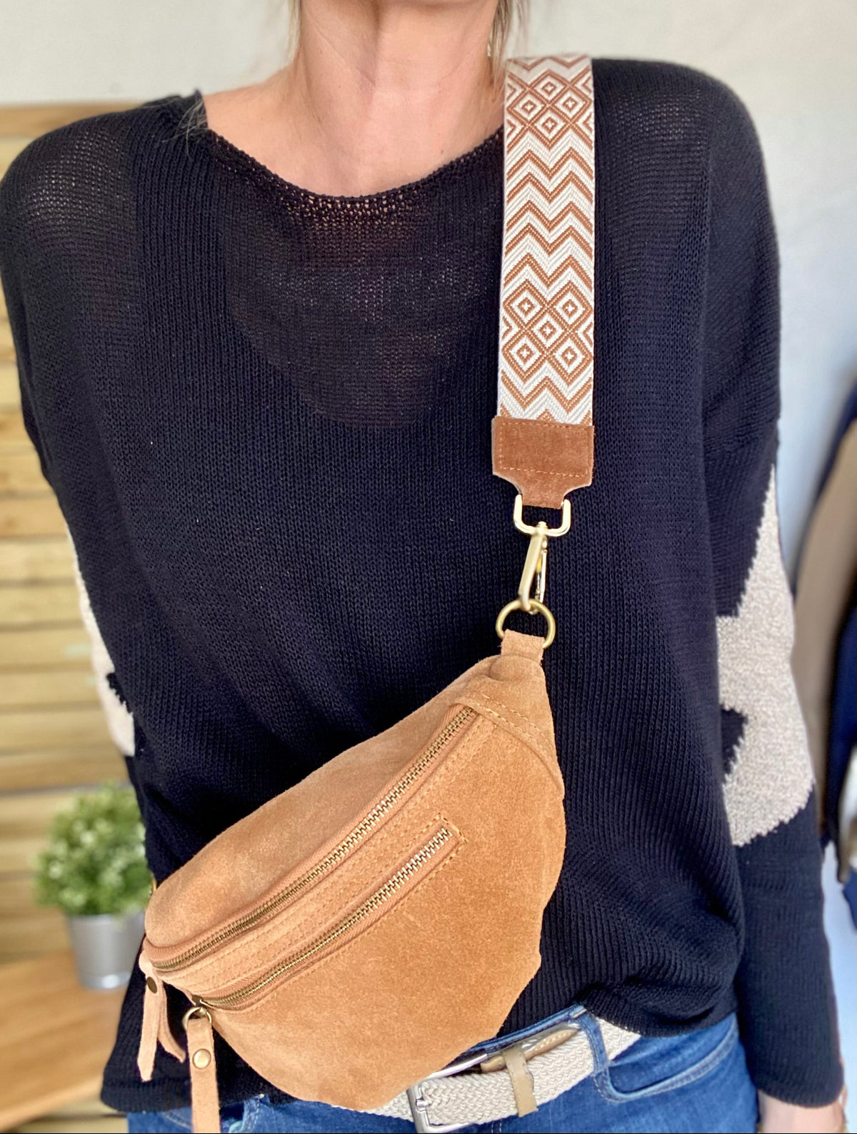 Sac banane double poche en cuir daim - OPALINE - Camel
