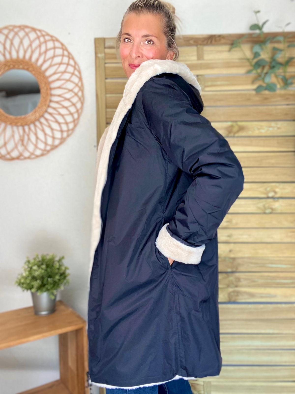 LAURA JO - Parka Imperméable réversible fourrée Noir / Beige ALIX long