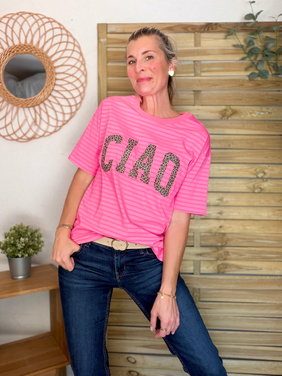 Tee shirt rayé CIAO Léo Rose fluo - FIN DE SÉRIE