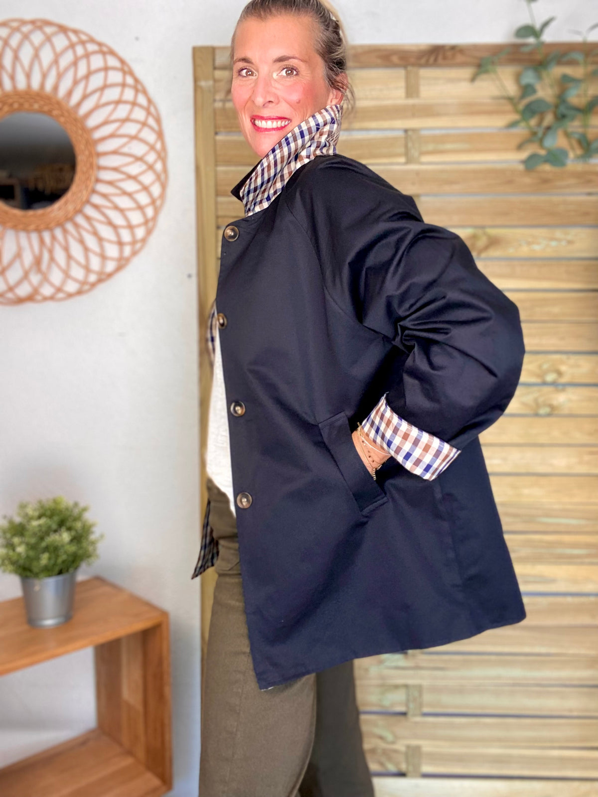 Veste Trench mi long réversible vichy LENA Noir - FIN DE SÉRIE
