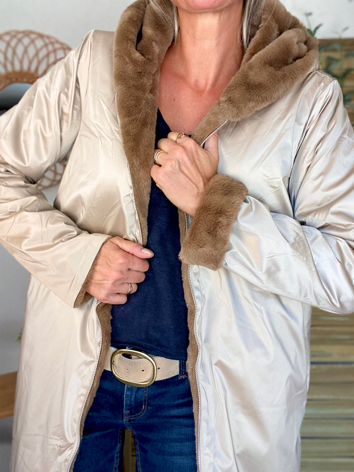 LAURA JO - Parka Imperméable réversible fourrée Sable irisé / Camel ALIX Long