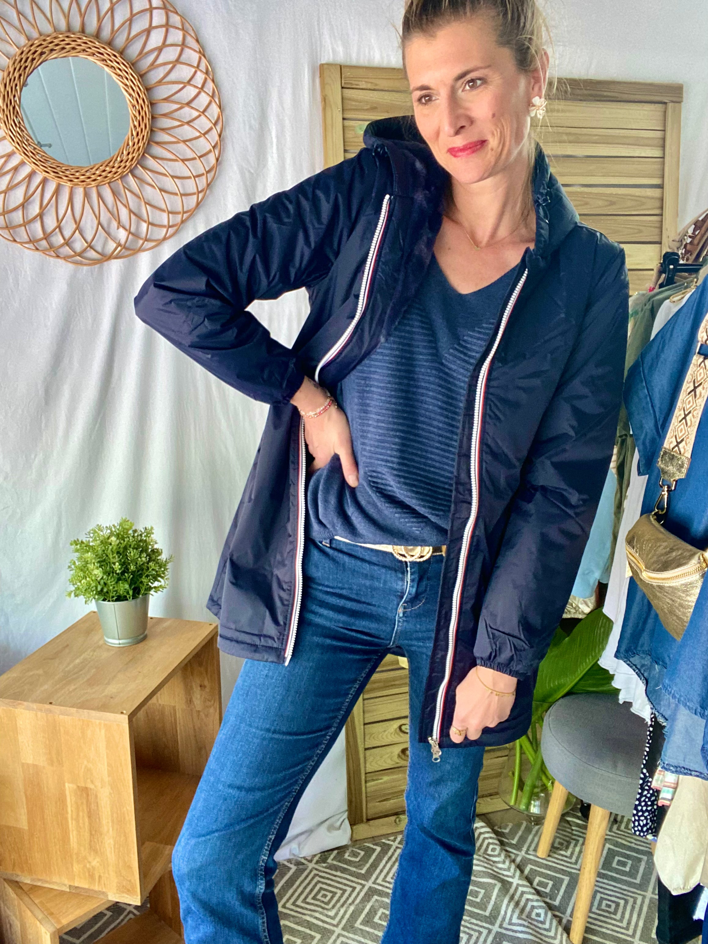 LAURA JO - Parka Imperméable LOUISE LONG fourré - Bleu Marine • DÉSTOCKAGE Taille S