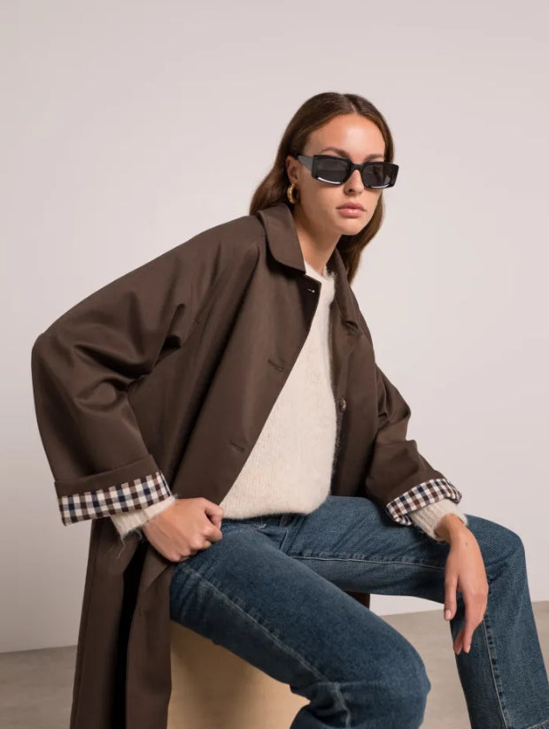 Veste Trench en coton, revers carreaux - YSEULT long Chocolat