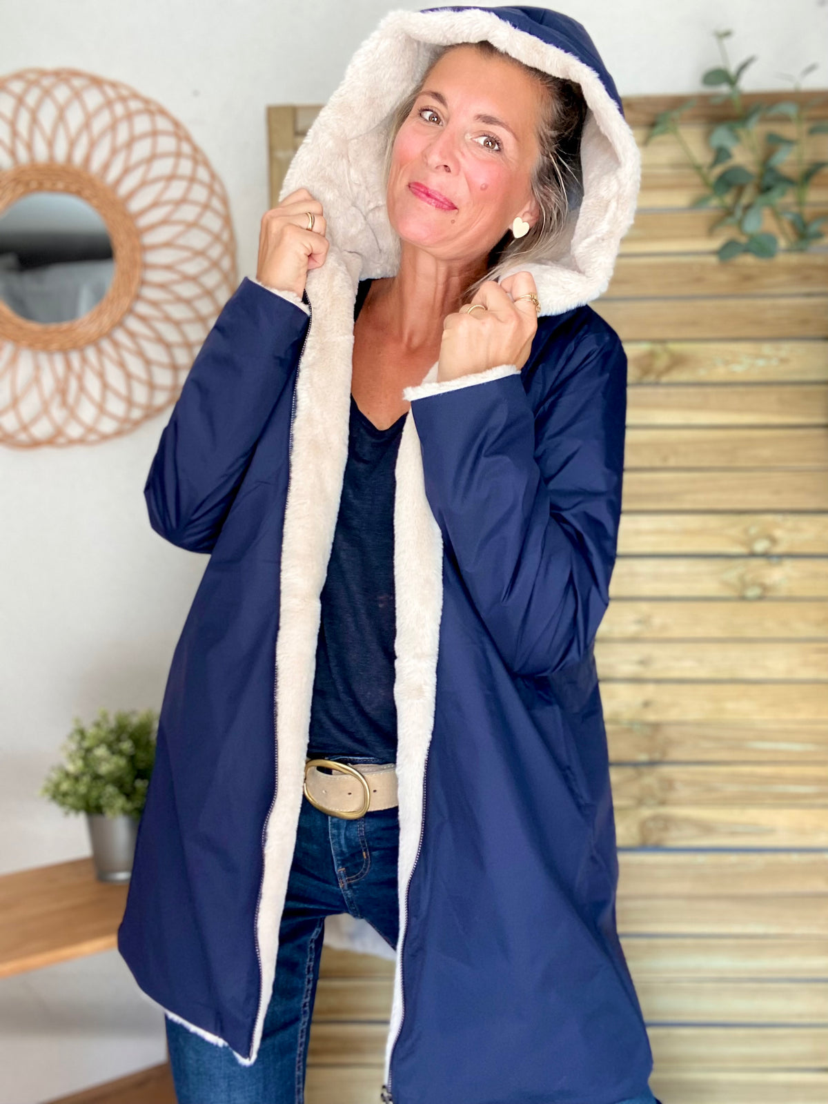 LAURA JO - Parka Imperméable réversible fourrée Bleu marine / Beige ALIX Long