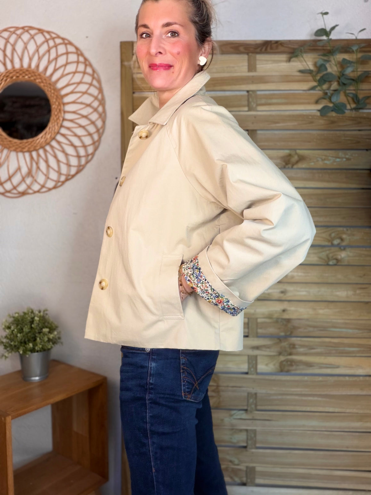Veste Trench en coton beige avec Liberty - MARION (Taille 2 ans à la Taille XL)