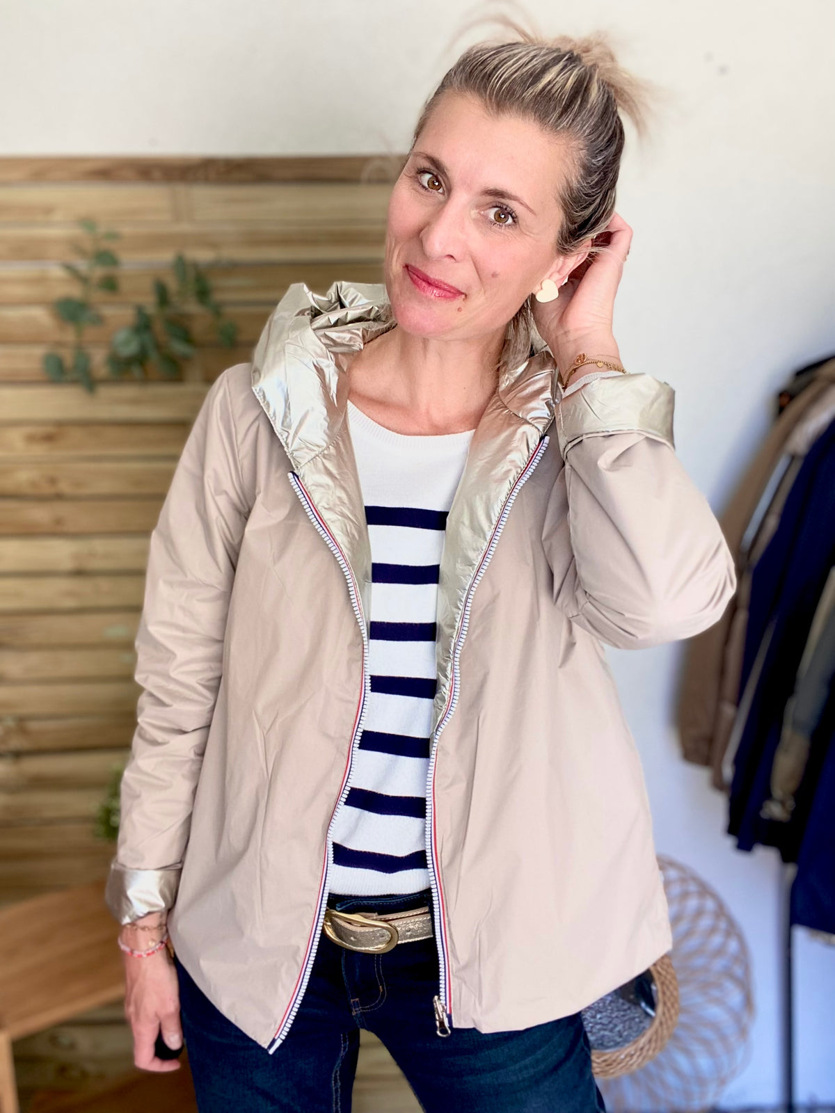 LAURA JO - Imperméable réversible rembourré LOUISON COURT - Beige / Doré • DÉSTOCKAGE sur Taille XL