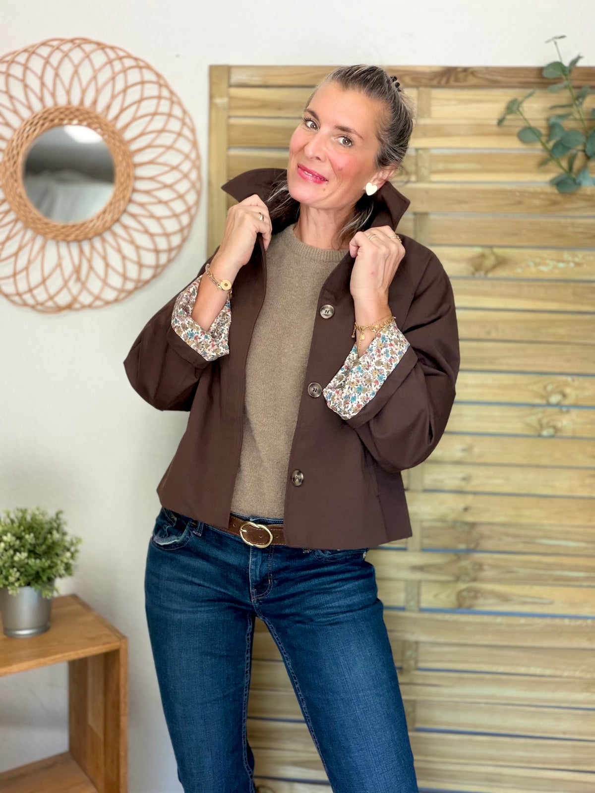 Veste Trench en coton Chocolat avec Liberty - MAHAUT - LILI et LALA