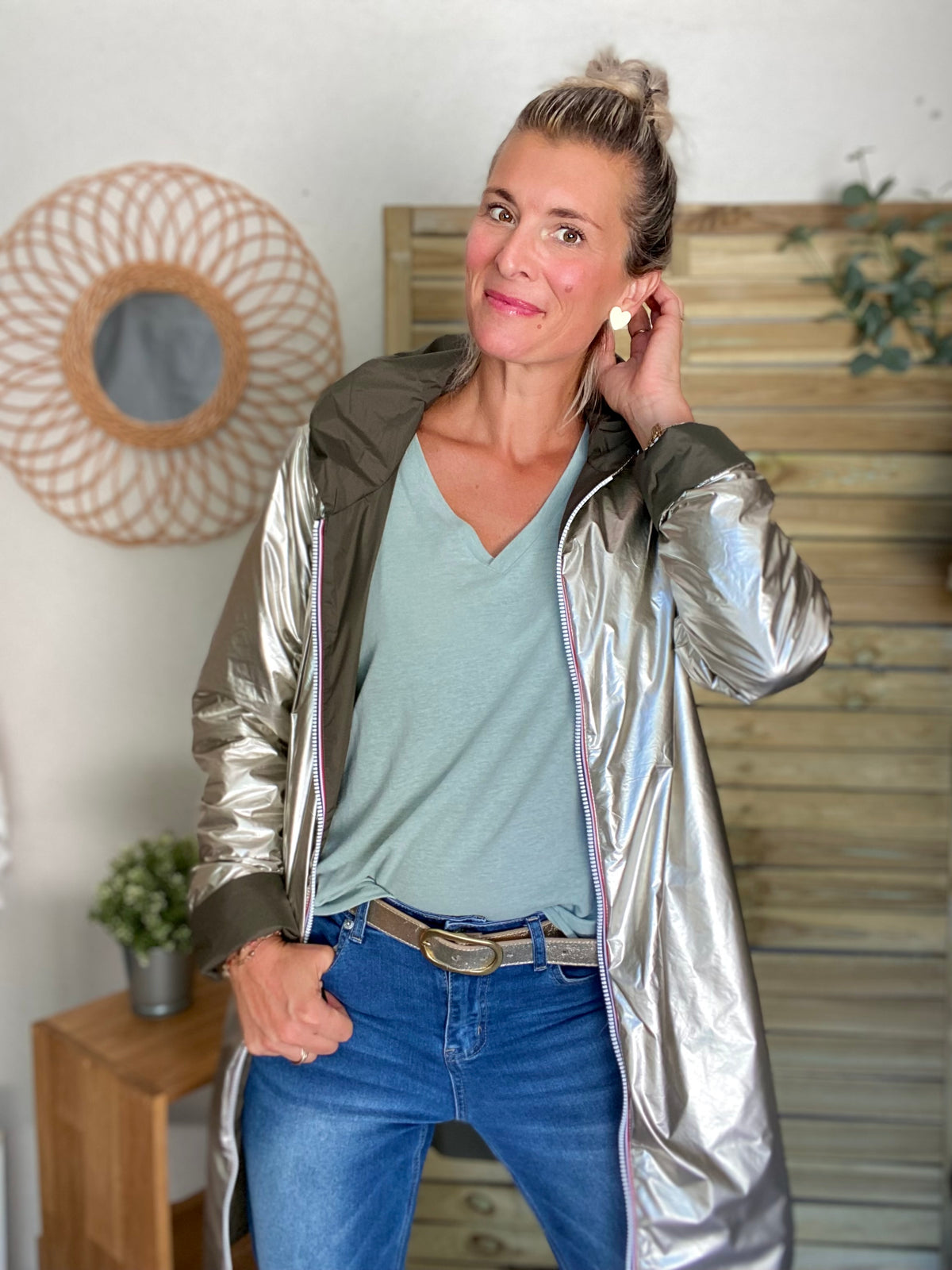LAURA JO - Imperméable réversible rembourré LOUISON LONG - Kaki/Doré