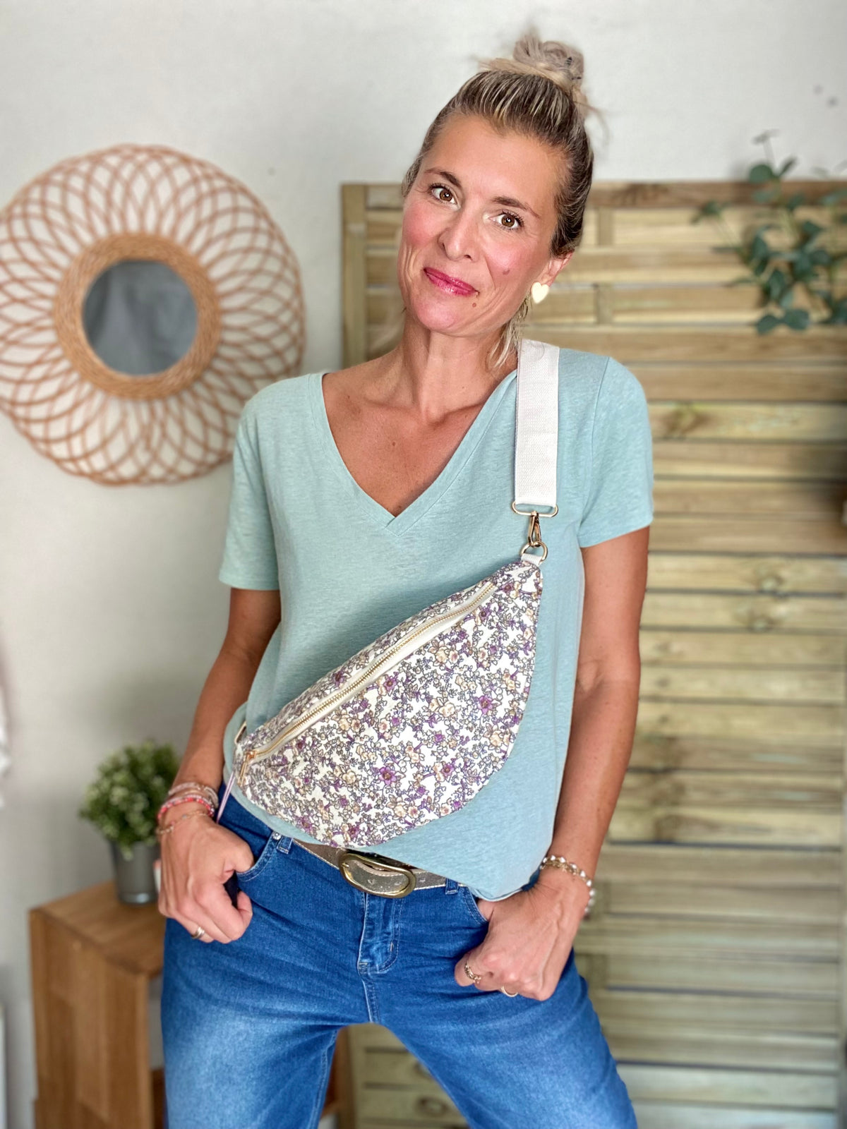 Sac banane XL Ciao Boum - IVY - Fleuri blanc et mauve