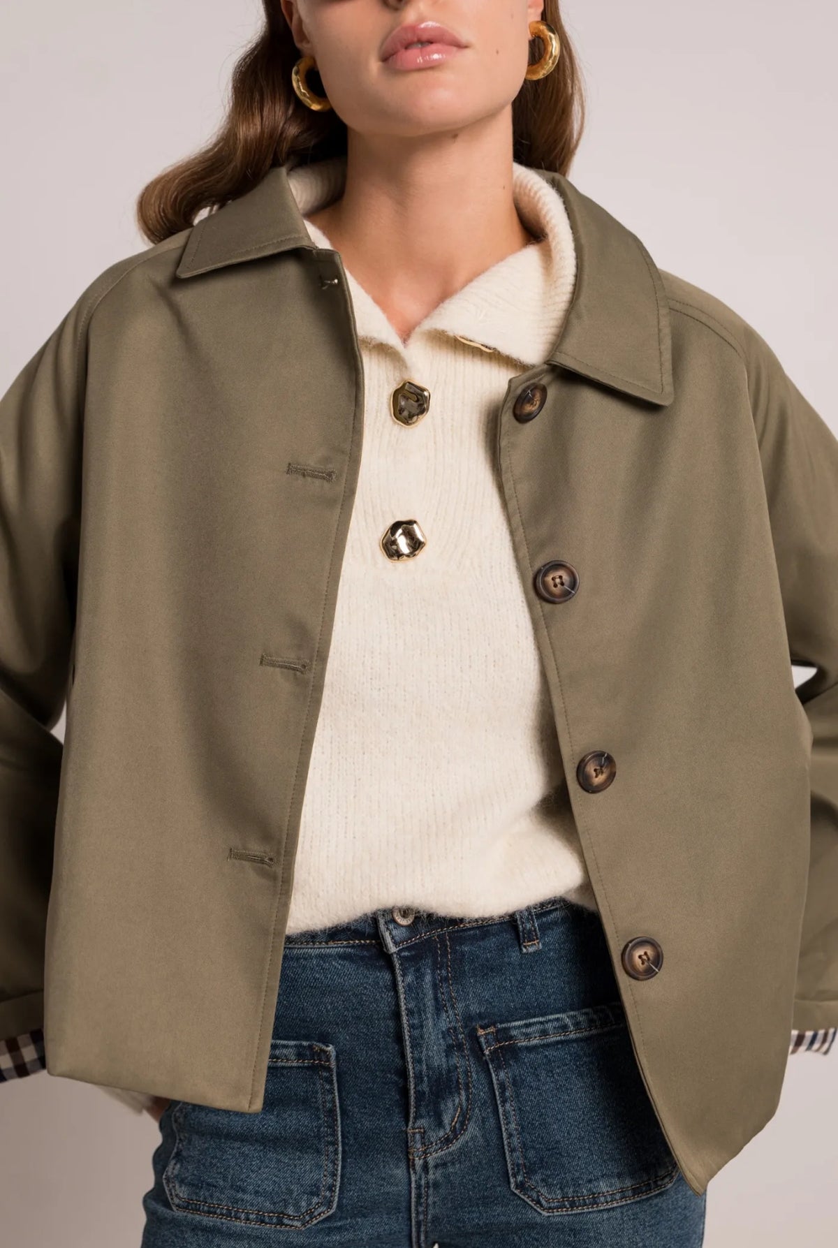 Veste Trench en coton, revers carreaux - YSEULT court Kaki
