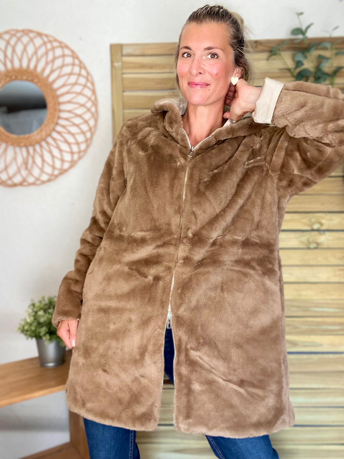 LAURA JO - Parka Imperméable réversible fourrée Sable irisé / Camel ALIX Long