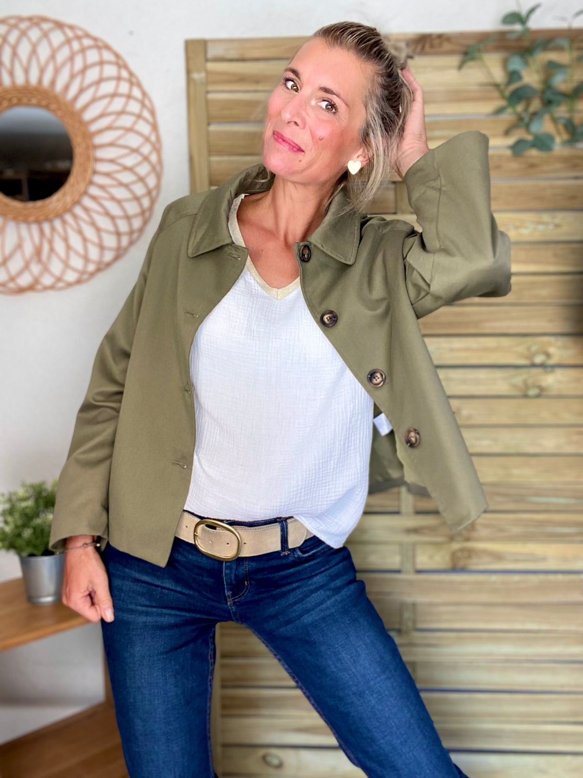Veste Trench en coton, revers carreaux - YSEULT court Kaki