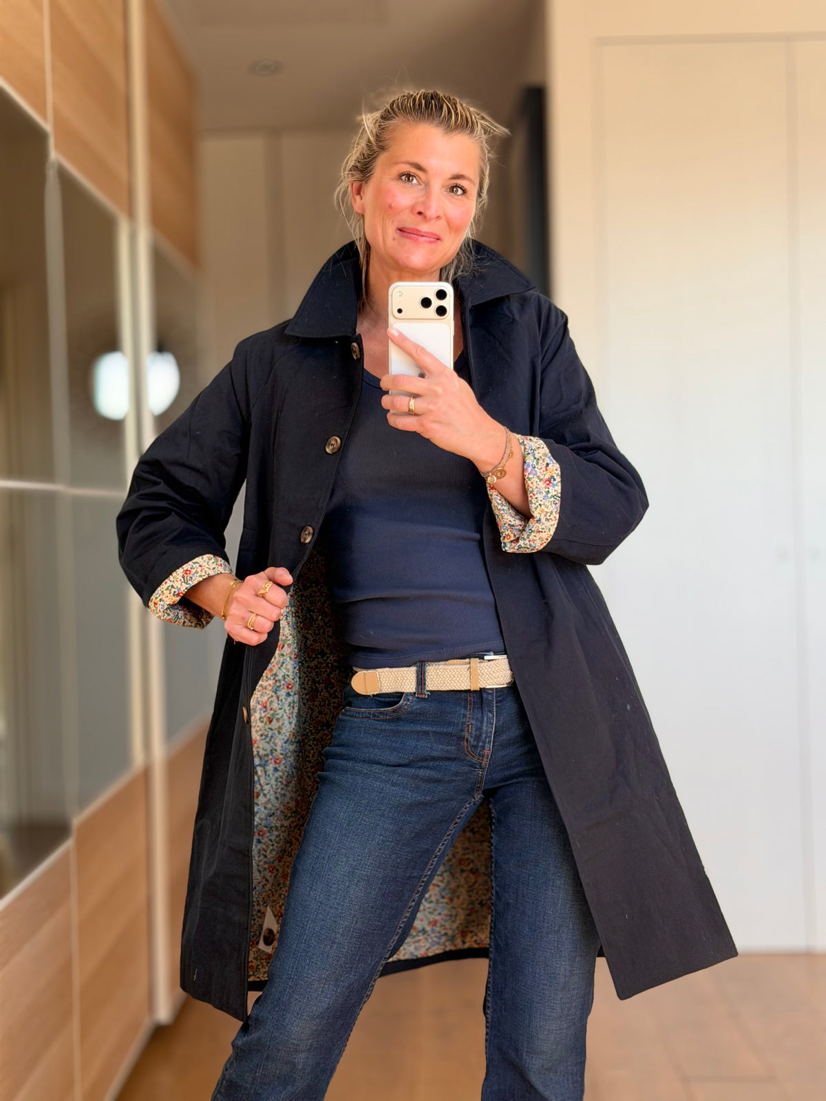 Veste Trench en coton Bleu marine avec Liberty - MAHAUT MI LONG - LILI et LALA (DÉSTOCKAGE sur Taille S)