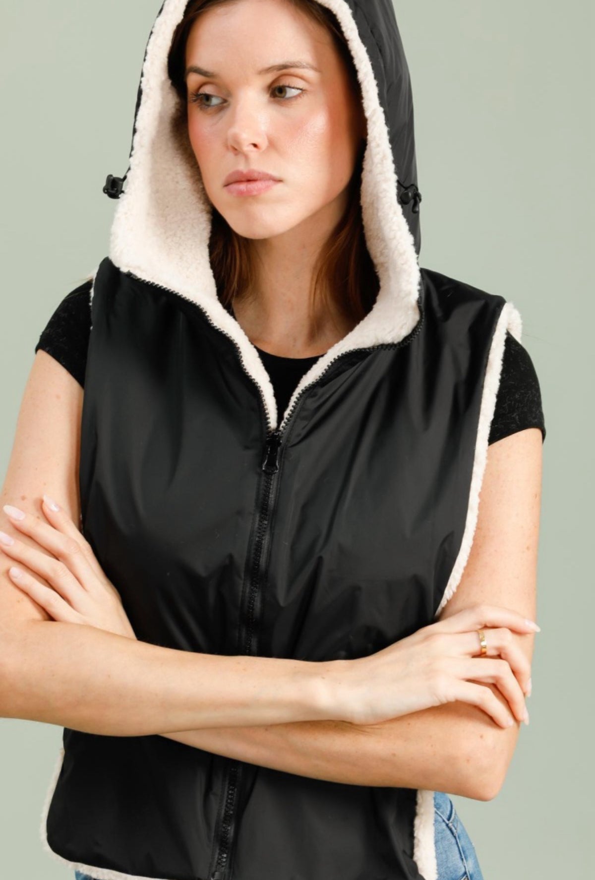 LAURA JO - Col capuche amovible réversible TONY - Noir / Sherpa écru