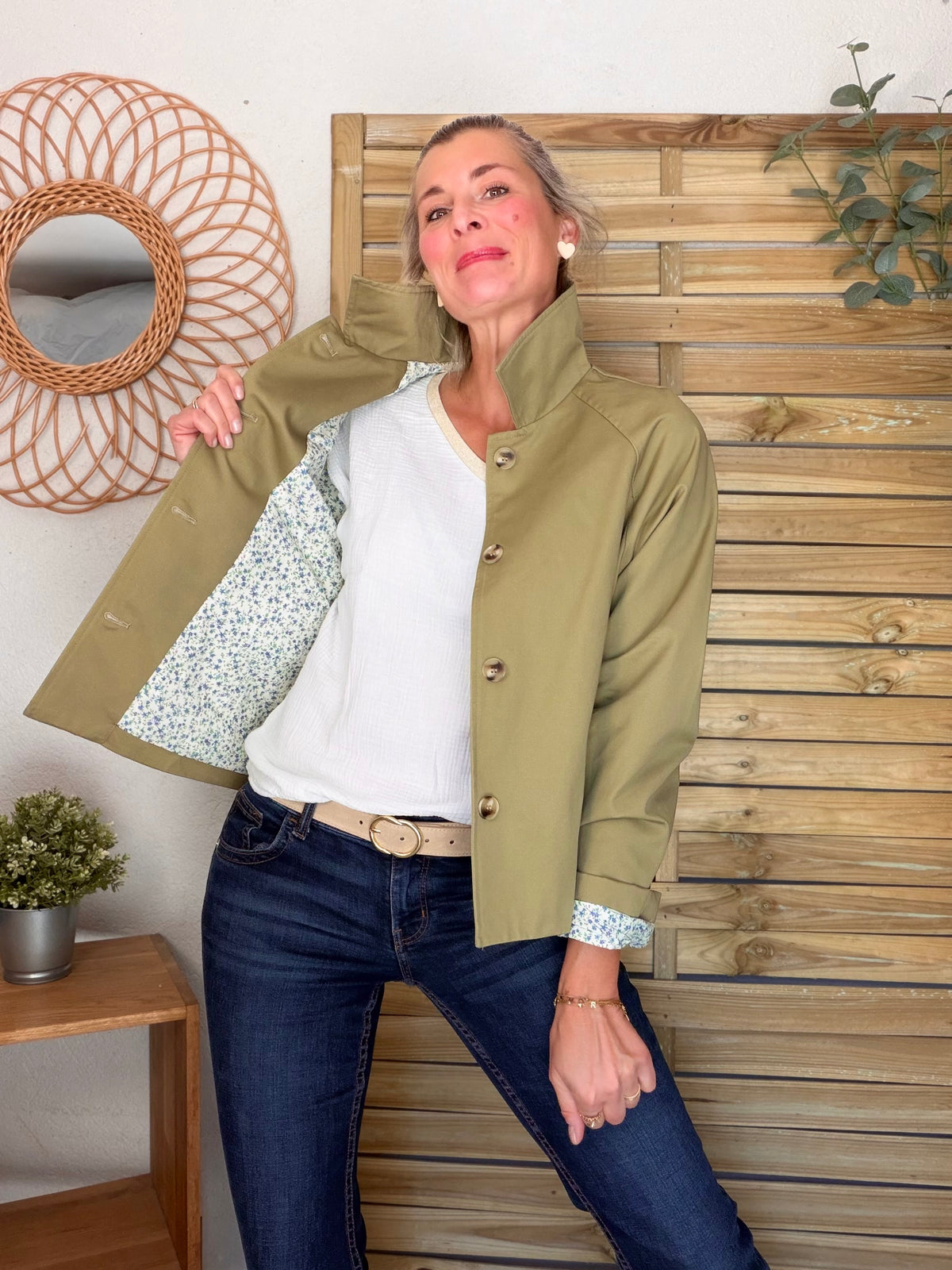 Veste Trench en coton avec Liberty - JOHAN Kaki clair - FIN DE SÉRIE