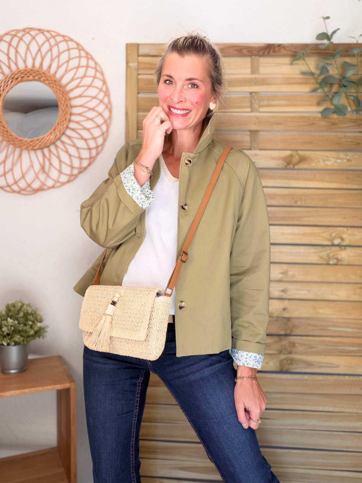Veste Trench en coton avec Liberty - JOHAN Kaki clair - FIN DE SÉRIE